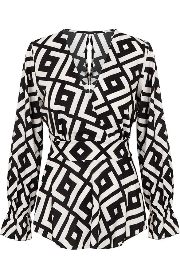 Print V Blouse Zwart Wit – shoparchief