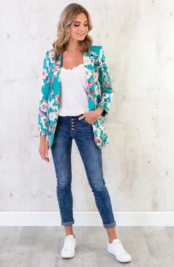 Bloemen Blazer Boyfriend Turquoise – shoparchief, foto 3