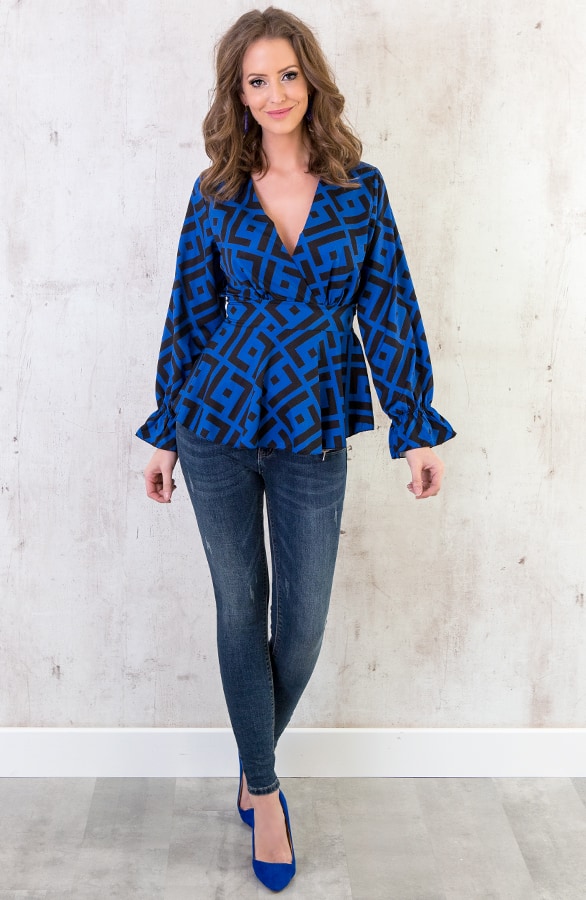 Print V Blouse Kobalt Zwart – shoparchief, foto 6