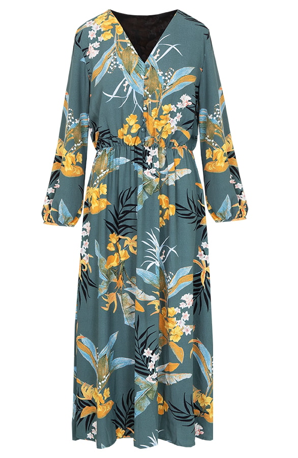 Lange Bloemen Jurk Turquoise – shoparchief