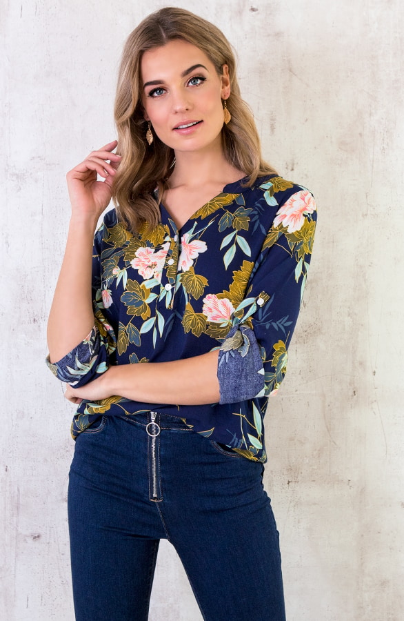 Blouse Bloemen Marineblauw – shoparchief, foto 3