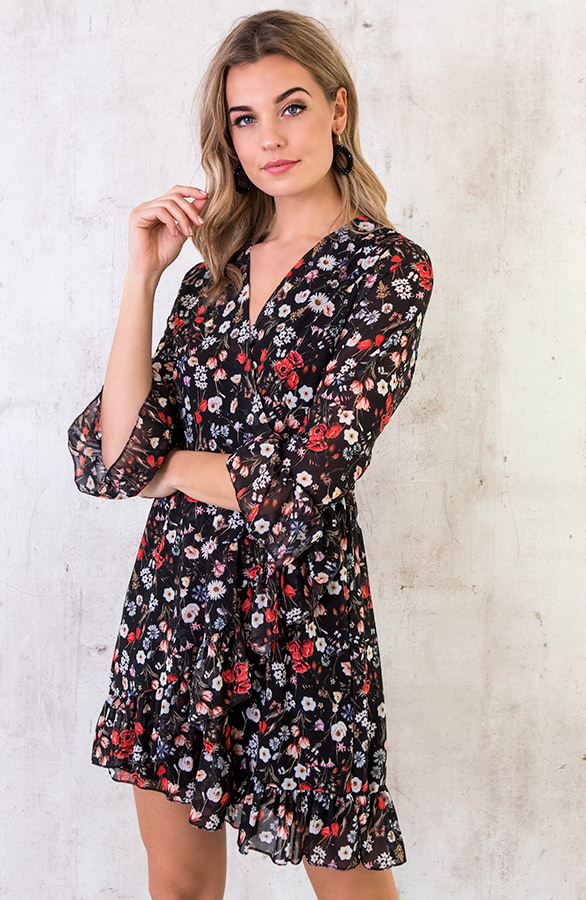 Bloemen Jurk Overslag Zwart – shoparchief, foto 2