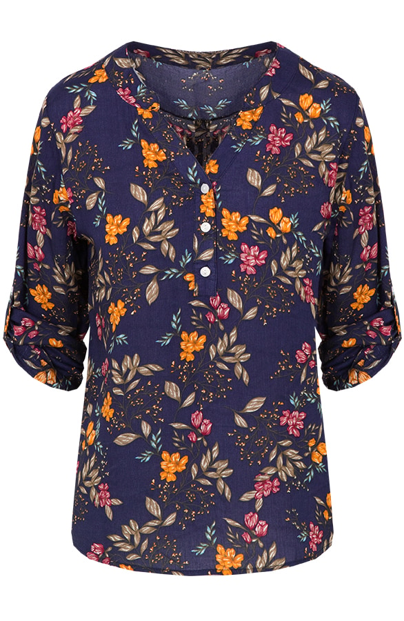 Blouse Bloemen Marine Oker – shoparchief