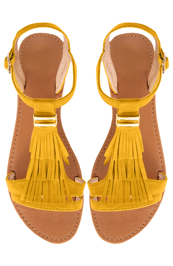 Suede Fringe Sandalen Okergeel – shoparchief