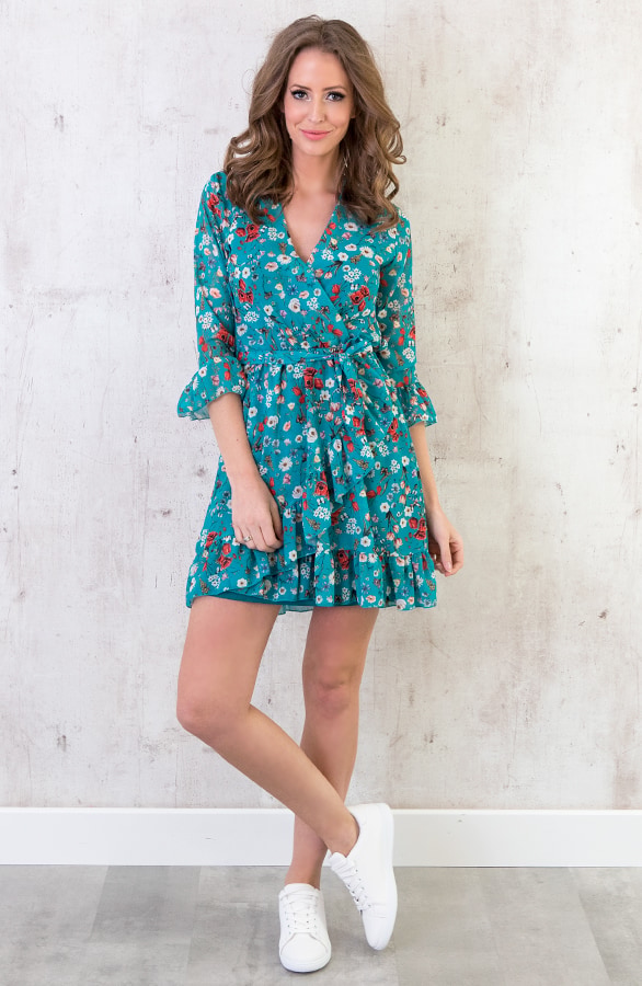 Bloemen Jurk Overslag Turquoise – shoparchief, foto 7