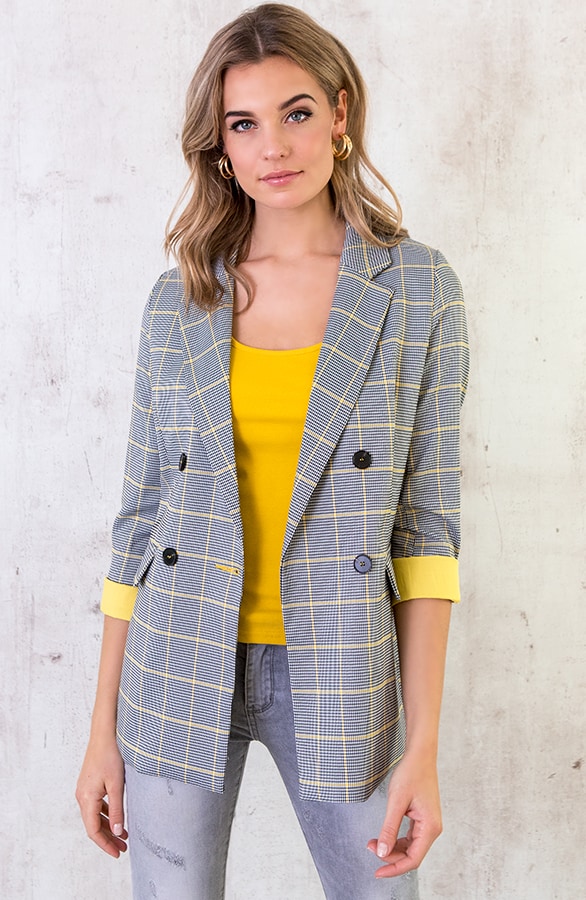 Knopen Blazer Geblokt Geel – shoparchief