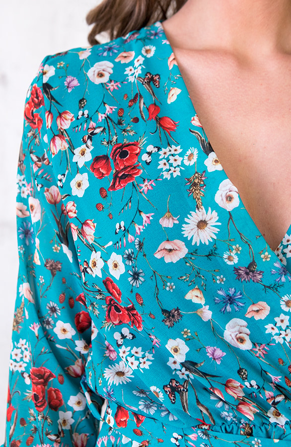 Bloemen Jurk Overslag Turquoise – shoparchief, foto 5