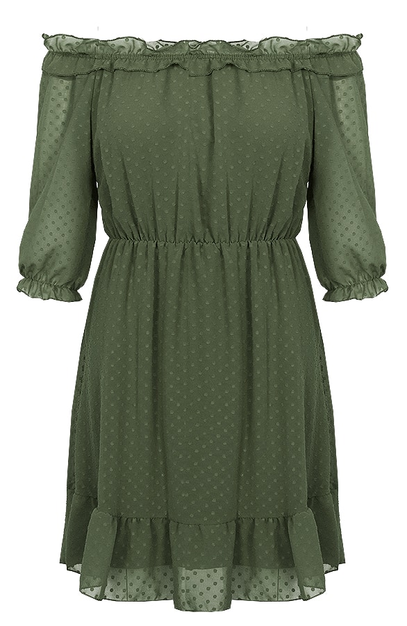 Off shoulder Stippen Jurk Legergroen – shoparchief