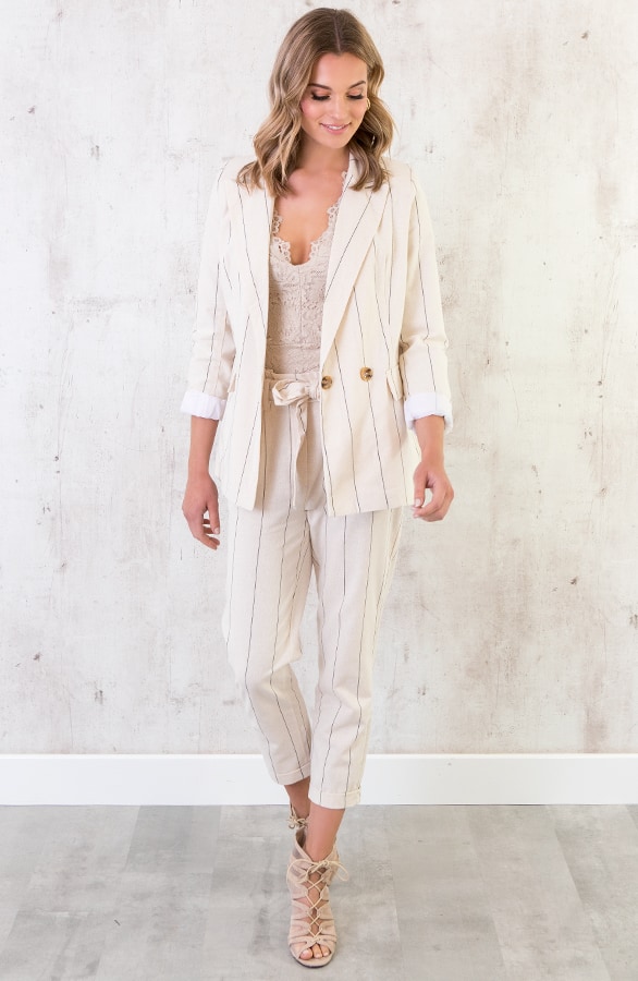 Linnen Blazer Gestreept Creme – shoparchief, foto 4