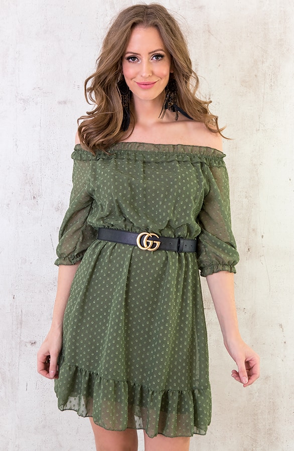 Off shoulder Stippen Jurk Legergroen – shoparchief, foto 2