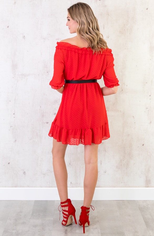 Off Shoulder Stippen Jurk Rood – shoparchief, foto 4