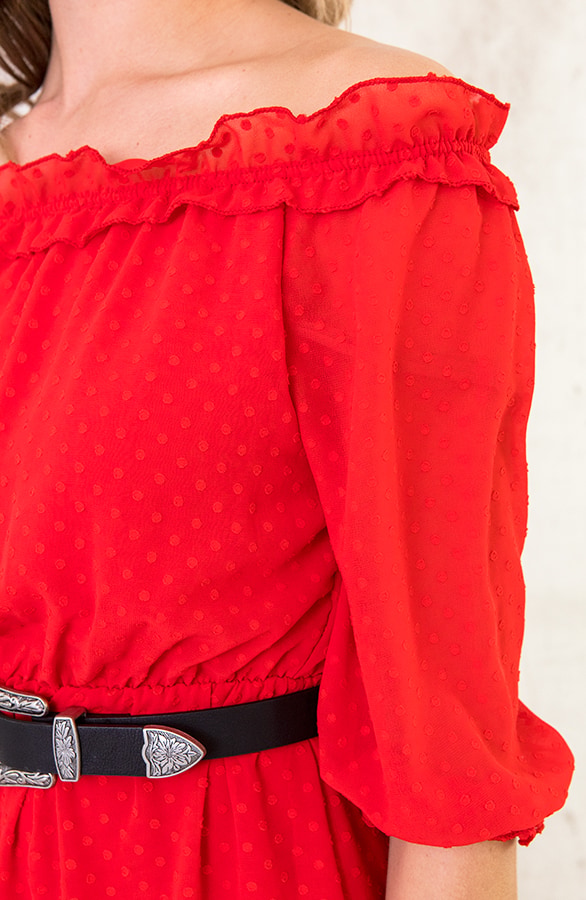 Off Shoulder Stippen Jurk Rood – shoparchief, foto 5