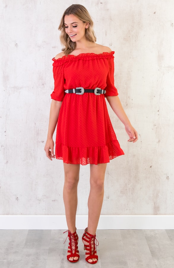Off Shoulder Stippen Jurk Rood – shoparchief, foto 7