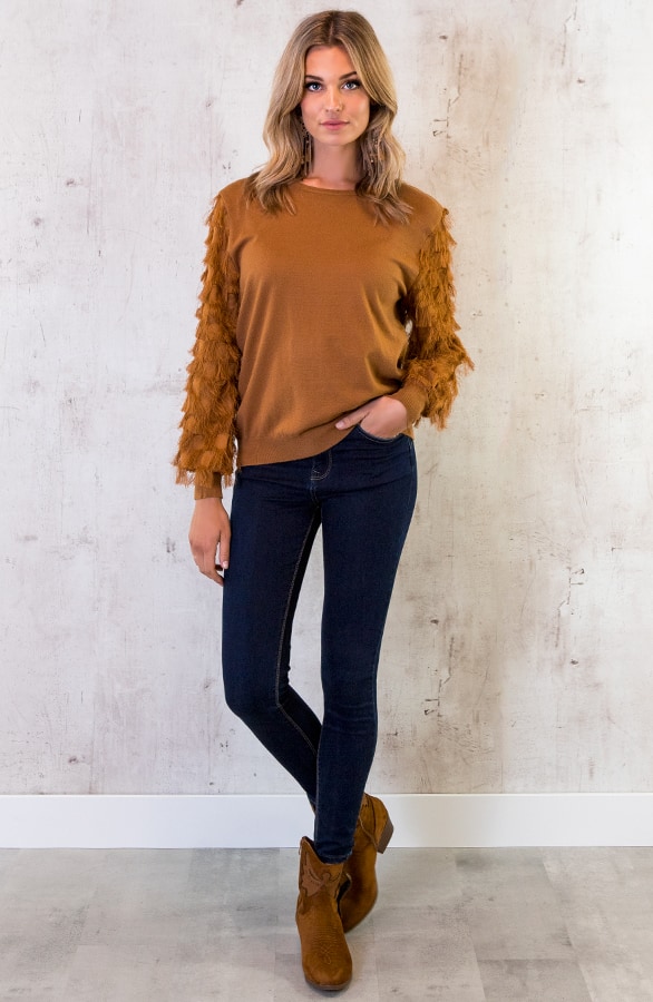 Trui Met Fringe Cognac – shoparchief, foto 3