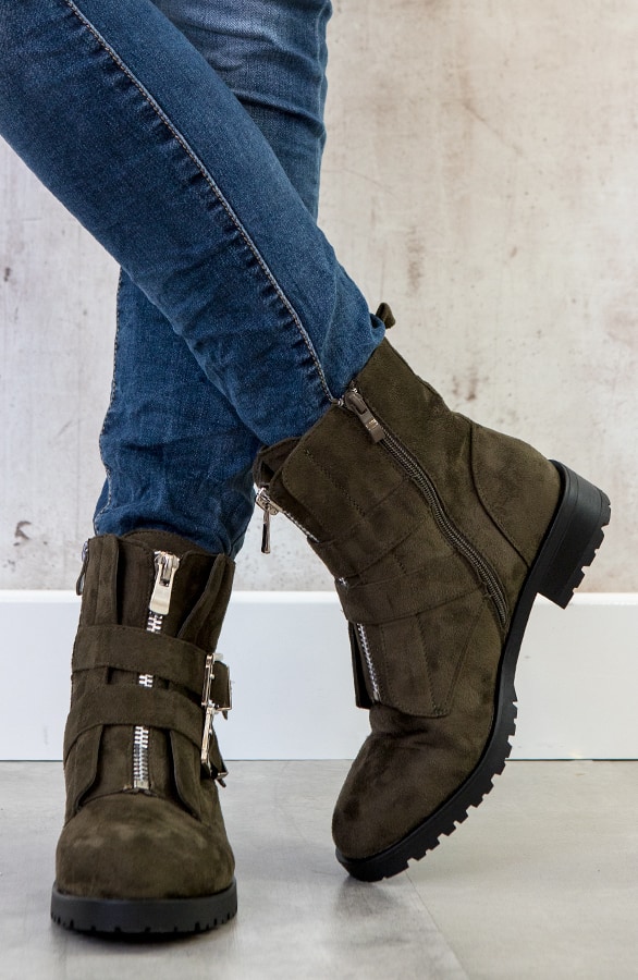 Suede Biker Boots Legergroen – shoparchief, foto 3