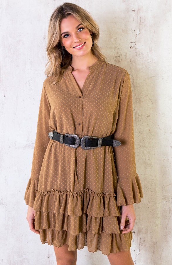 Laagjes Stippen Jurk Camel – shoparchief, foto 3