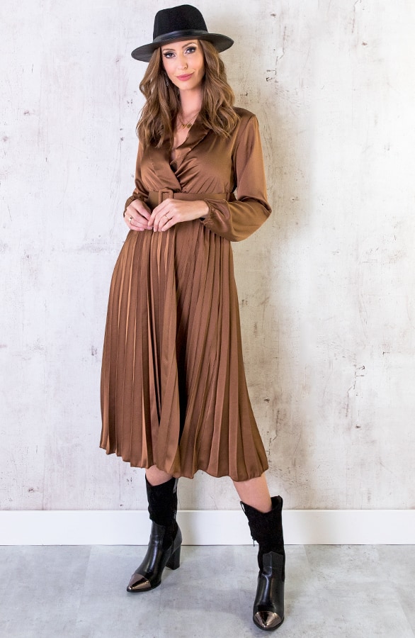 Plisse Jurk Zijde Cognac – shoparchief, foto 5