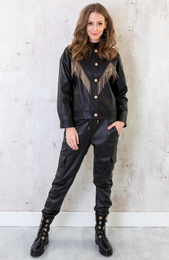 Oversized Leren Fringe Jacket Zwart – shoparchief, foto 5