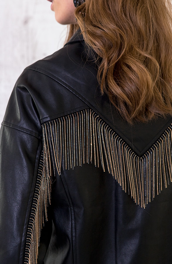 Oversized Leren Fringe Jacket Zwart – shoparchief, foto 6