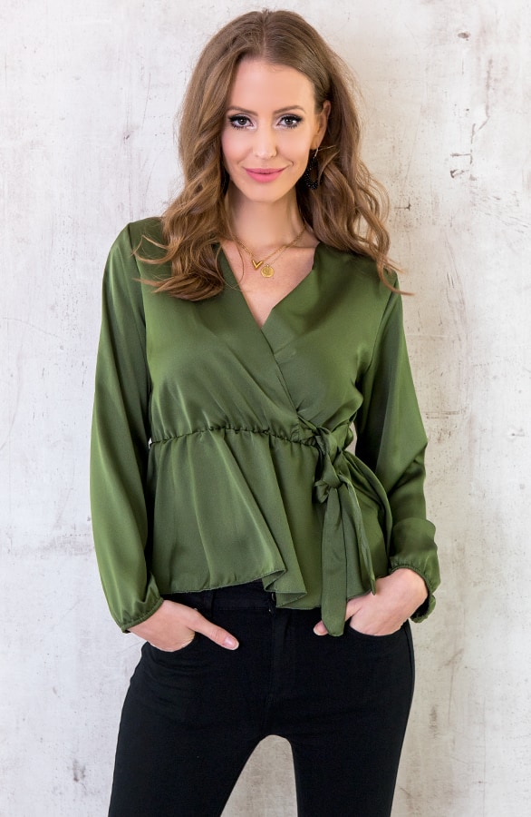 Satijnen Overslag Blouse Legergroen – shoparchief, foto 2