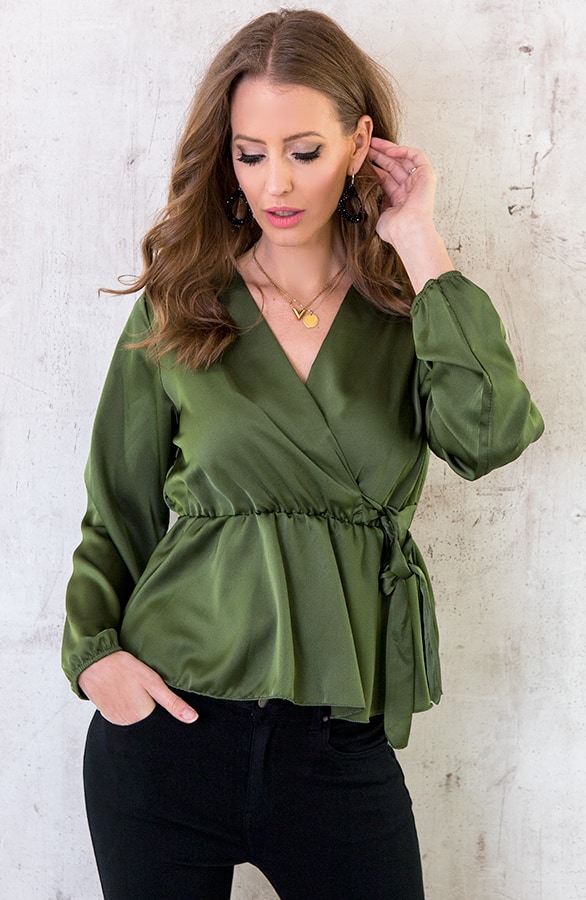 Satijnen Overslag Blouse Legergroen – shoparchief, foto 7