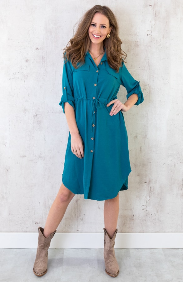 Knopen Jurk Dames Petrol – shoparchief, foto 7