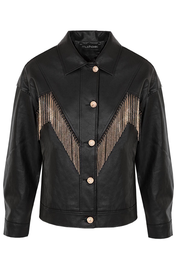 Oversized Leren Fringe Jacket Zwart – shoparchief