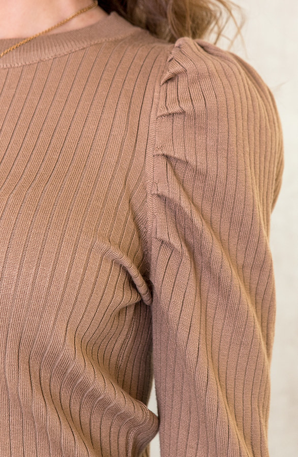 Rib Trui Met Pofmouwen Camel – shoparchief, foto 5