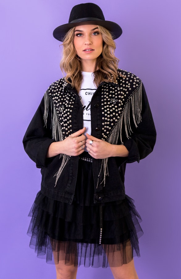 Studs Fringe Jacket Zwart – shoparchief, foto 5