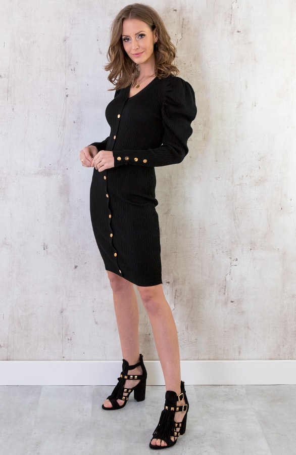 Knopen Jurk Pofmouwen Zwart – shoparchief, foto 4