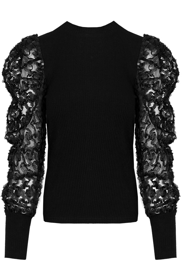 Trui Met Bloemen Pofmouwen Zwart – shoparchief