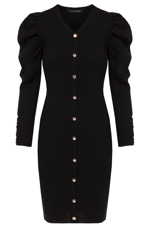 Knopen Jurk Pofmouwen Zwart – shoparchief