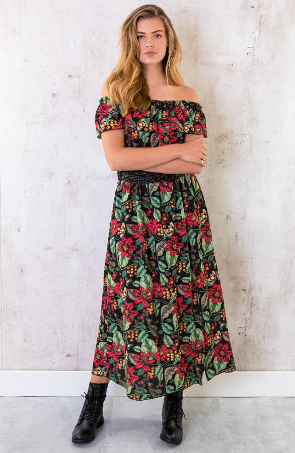 Off Shoulder Bloemen Jurk Zwart – shoparchief