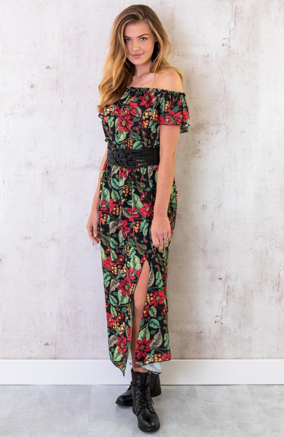 Off Shoulder Bloemen Jurk Zwart – shoparchief, foto 4