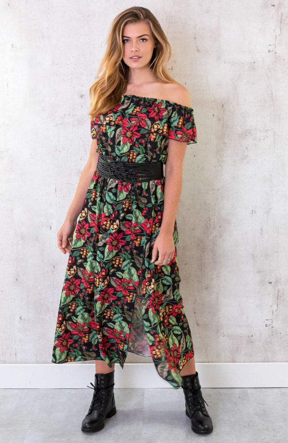Off Shoulder Bloemen Jurk Zwart – shoparchief, foto 2