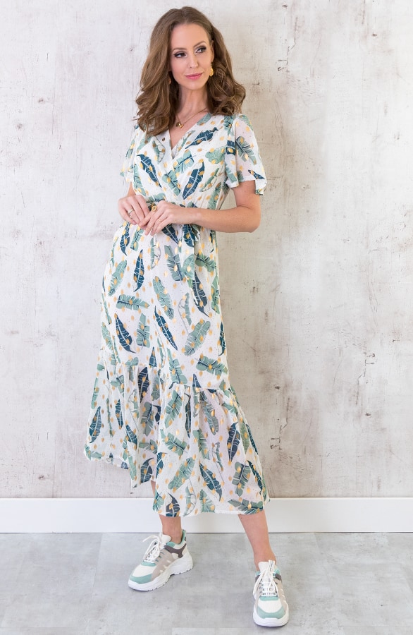 Midi Leaves Jurk Deluxe Wit – shoparchief, foto 3