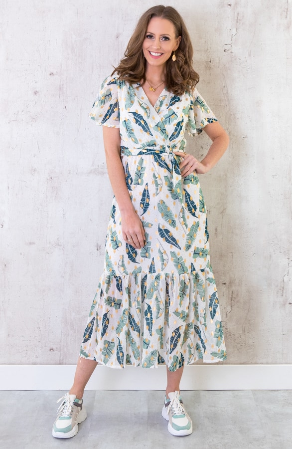 Midi Leaves Jurk Deluxe Wit – shoparchief, foto 4