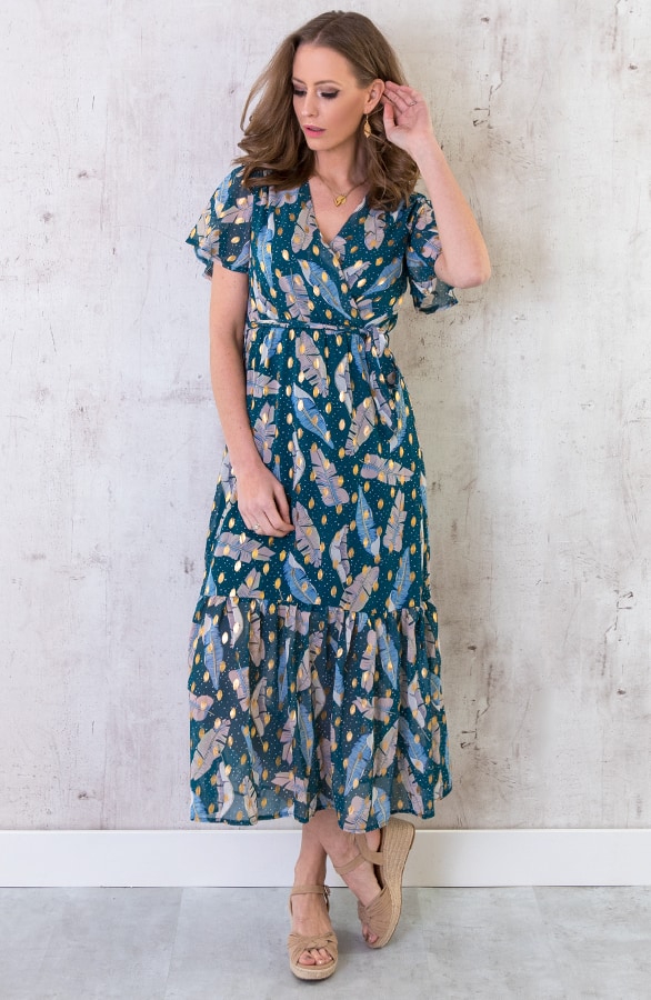 Midi Leaves Jurk Deluxe Turquoise – shoparchief, foto 3