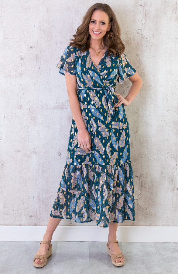 Midi Leaves Jurk Deluxe Turquoise – shoparchief