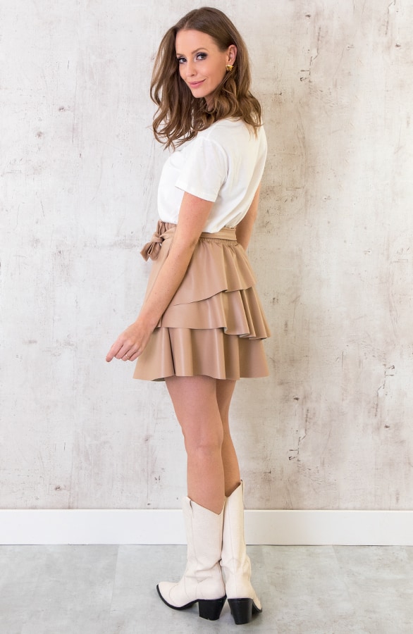 Leren Ruffle Rok Dames Camel – shoparchief, foto 5