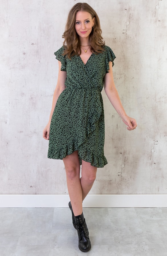 Cheetah Ruffle Jurk Legergroen – shoparchief