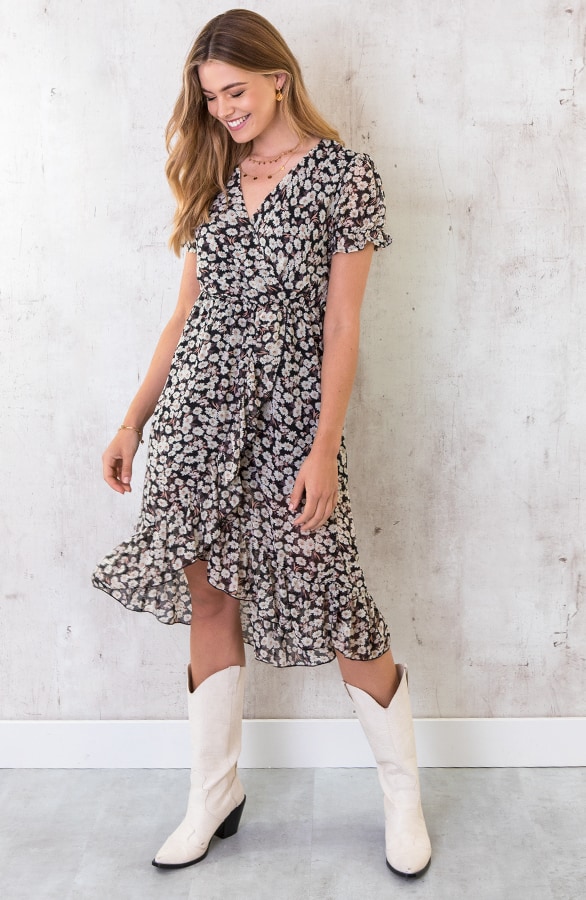 Midi Bloemen Jurk Zwart Wit – shoparchief