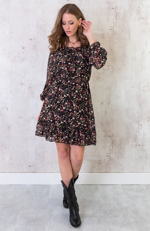 Offshoulder Bloemen Jurk Zwart – shoparchief, foto 4