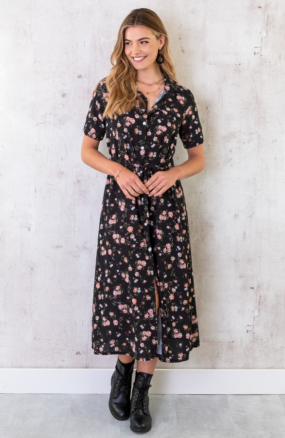 Lange Jurk Bloemenprint Zwart – shoparchief, foto 2