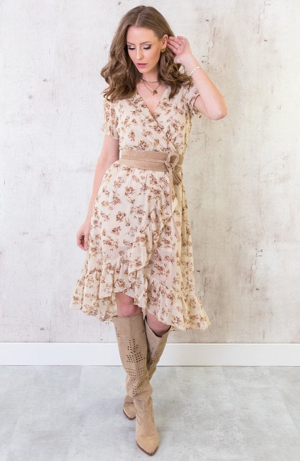 Midi Omslag Jurk Met Bloemen Beige – shoparchief, foto 4