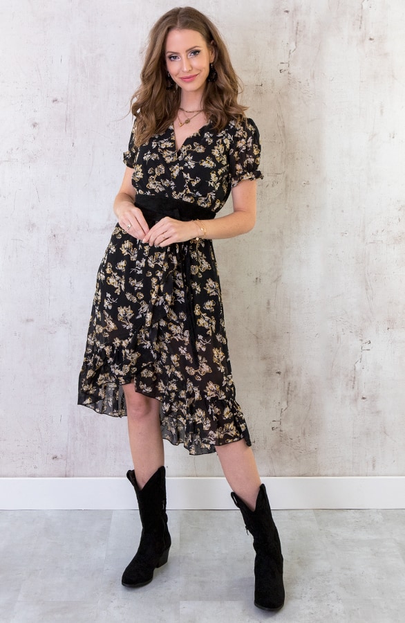 Midi Omslag Jurk Met Bloemen Zwart – shoparchief, foto 3