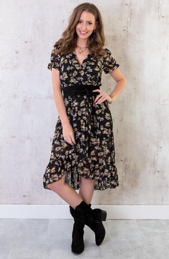 Midi Omslag Jurk Met Bloemen Zwart – shoparchief, foto 4
