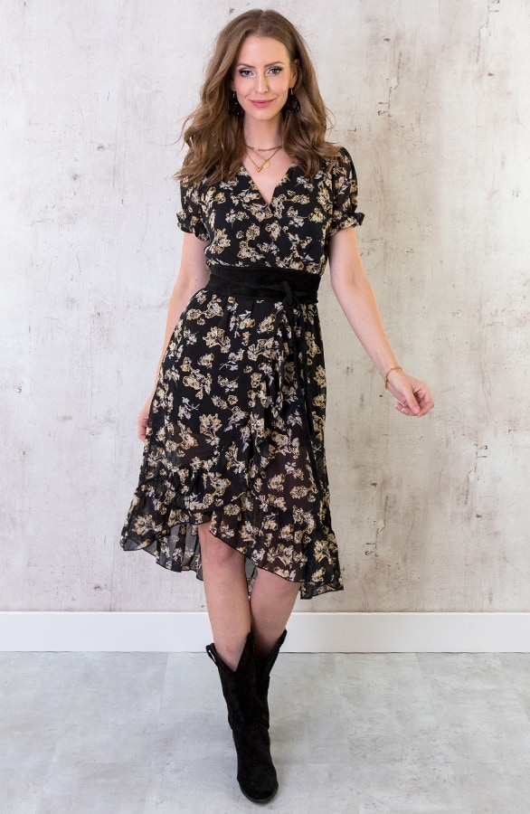 Midi Omslag Jurk Met Bloemen Zwart – shoparchief