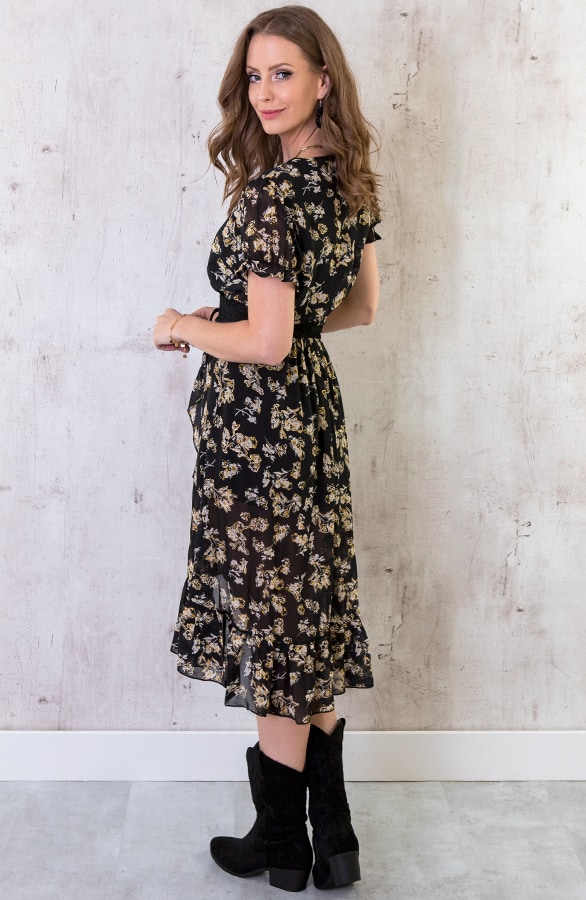 Midi Omslag Jurk Met Bloemen Zwart – shoparchief, foto 2