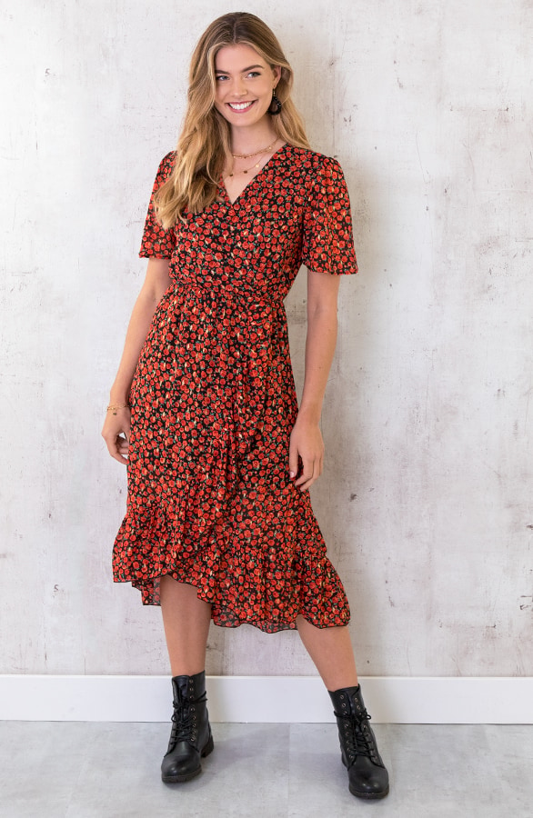 Rozen Omslag Midi Jurk Rood – shoparchief